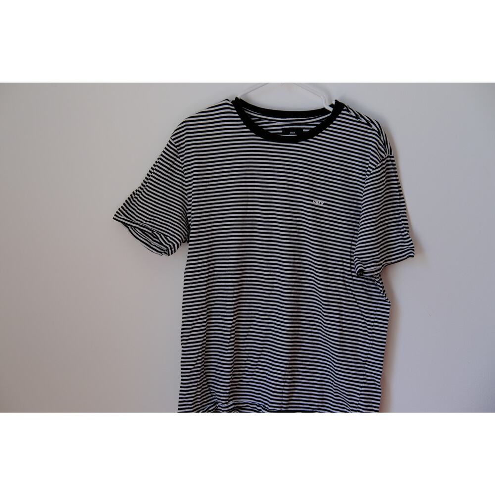 Obey Worldwide Striped Crew Neck T-Shirt Black White Size L
